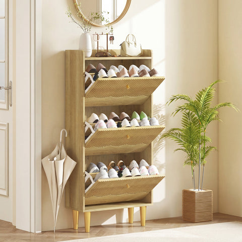 HOMCOM Narrow Shoe Cabinet, Modern Shoe Storage Cabinet with 3 Flip Drawers, Oak