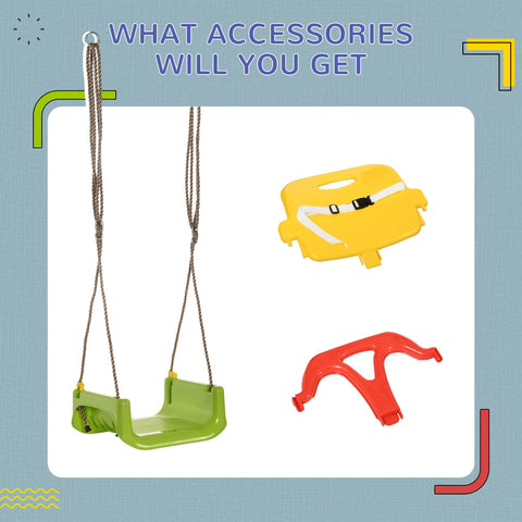 Outsunny 3 in 1 Detachable Kids Swing Seat with Safety Belt, Adjustable Rope for Indoor, Outdoor, Playground, Garden, Green