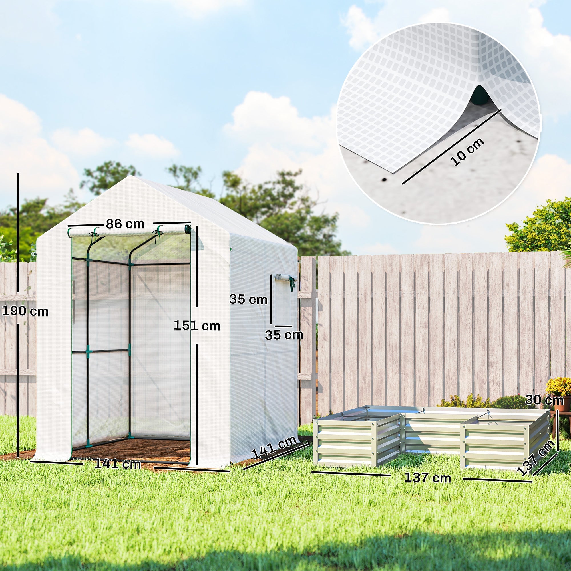 Outsunny Small Greenhouse with Raised Garden Bed, Galvanised Walk-in Greenhouse with Roll Up Windows, 141 x 141 x 190 cm, White