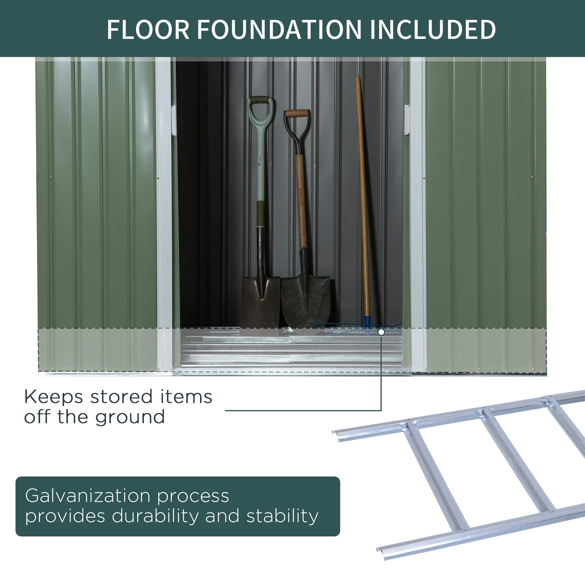 Outsunny 7 x 4ft Galvanised Steel Garden Shed, with Foundation Kit - Green