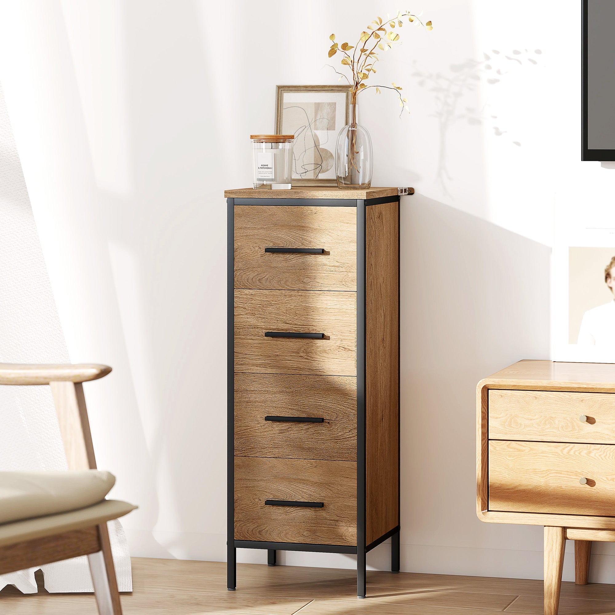 HOMCOM Narrow Bathroom Storage Cabinet with 4 Drawers - Oak