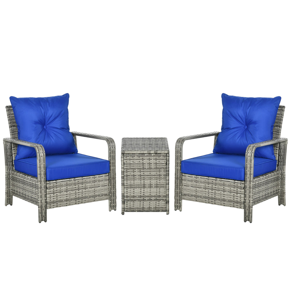 Outsunny 3 Pieces Rattan Bistro Set, Wicker Garden Furniture Set with Storage  Coffee Table and Chairs, Thickened Cushions for Outdoor, Patio, Balcony, Blue