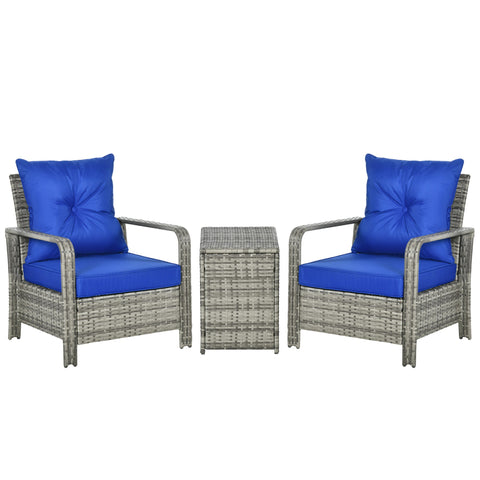 Outsunny 3 Pieces Rattan Bistro Set, Wicker Garden Furniture Set with Storage  Coffee Table and Chairs, Thickened Cushions for Outdoor, Patio, Balcony, Blue