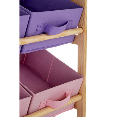 Purple and pink canvas tubs kids storage unit with wooden handles perfect for organizing kids storage tubs