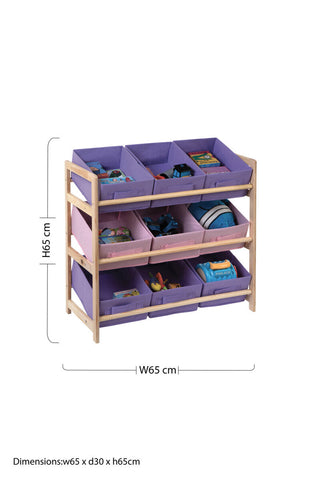 Purple and pink canvas tubs kids storage unit with 9 fabric bins on a light wood frame for easy organization