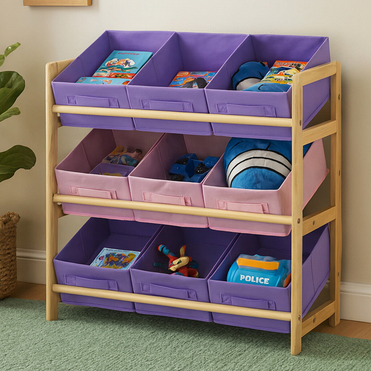 Purple and pink canvas tubs kids storage unit with 9 fabric bins on light wood frame for easy organization
