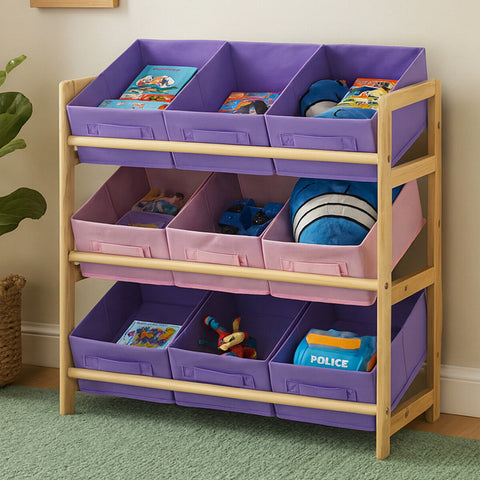 Purple and pink canvas tubs kids storage unit with 9 fabric bins on light wood frame for easy organization