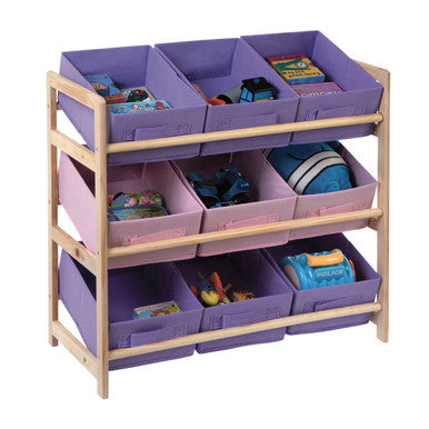 Purple plastic canvas tubs kids storage unit with wooden frame arranged in three tiers for easy organizing