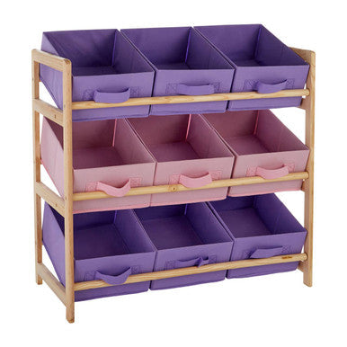 Three-tiered wooden kids storage unit with purple and pink canvas tubs kids featuring handles for easy use