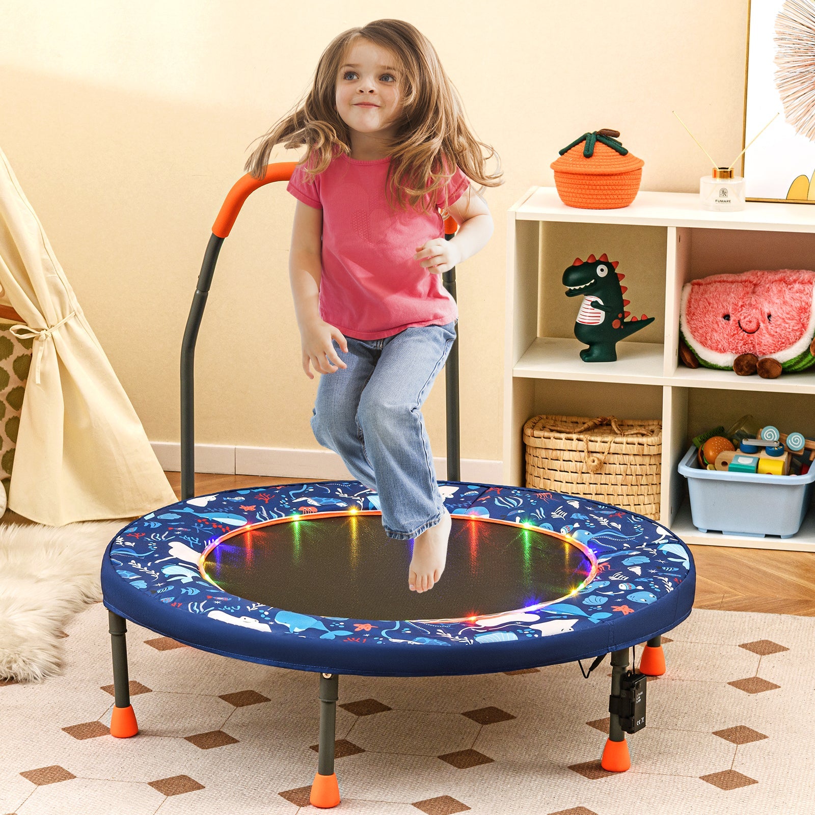 90 cm Folding  Mini Trampoline for Kids with Lights and Padded Safety Cover-Pink