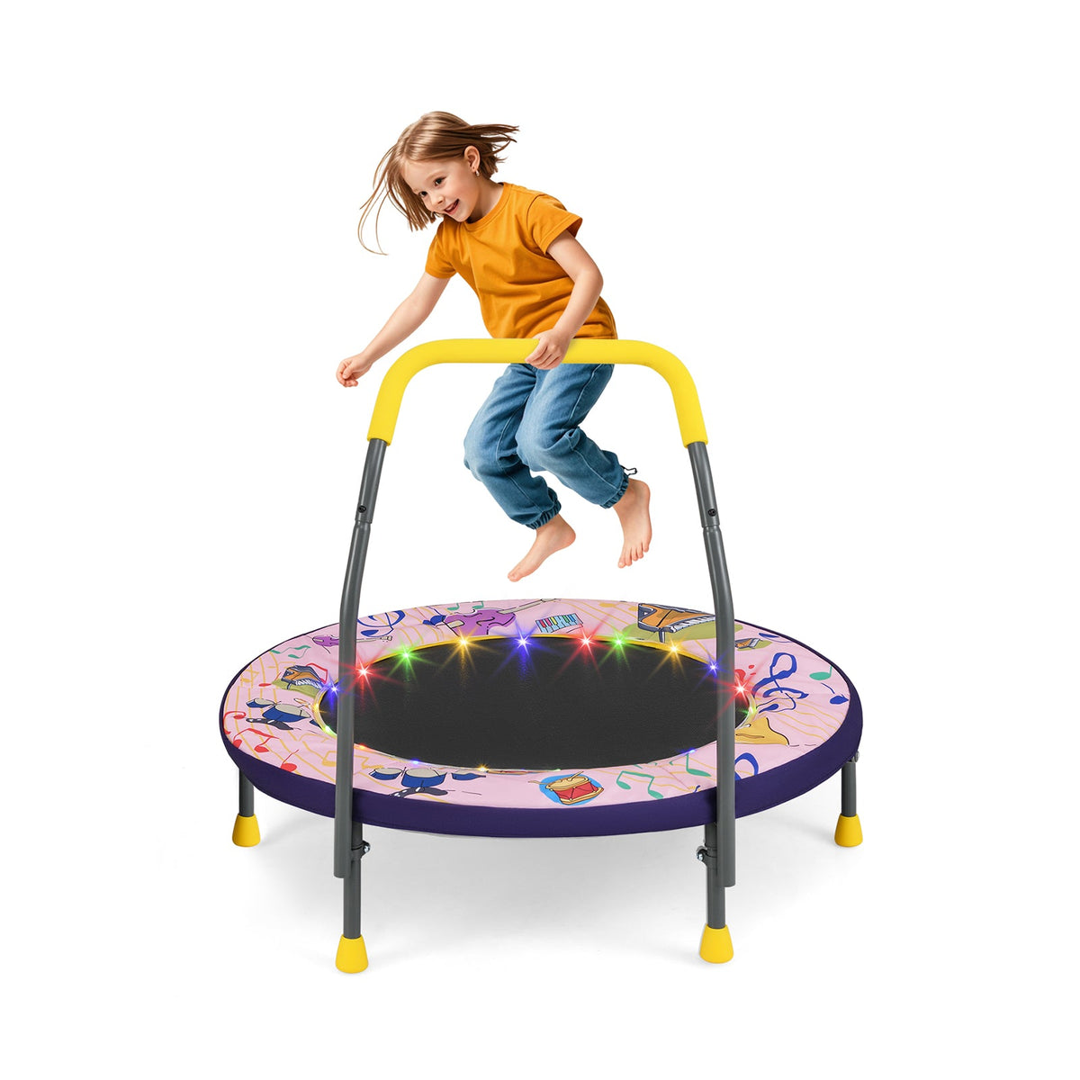 90 cm Folding  Mini Trampoline for Kids with Lights and Padded Safety Cover-Pink