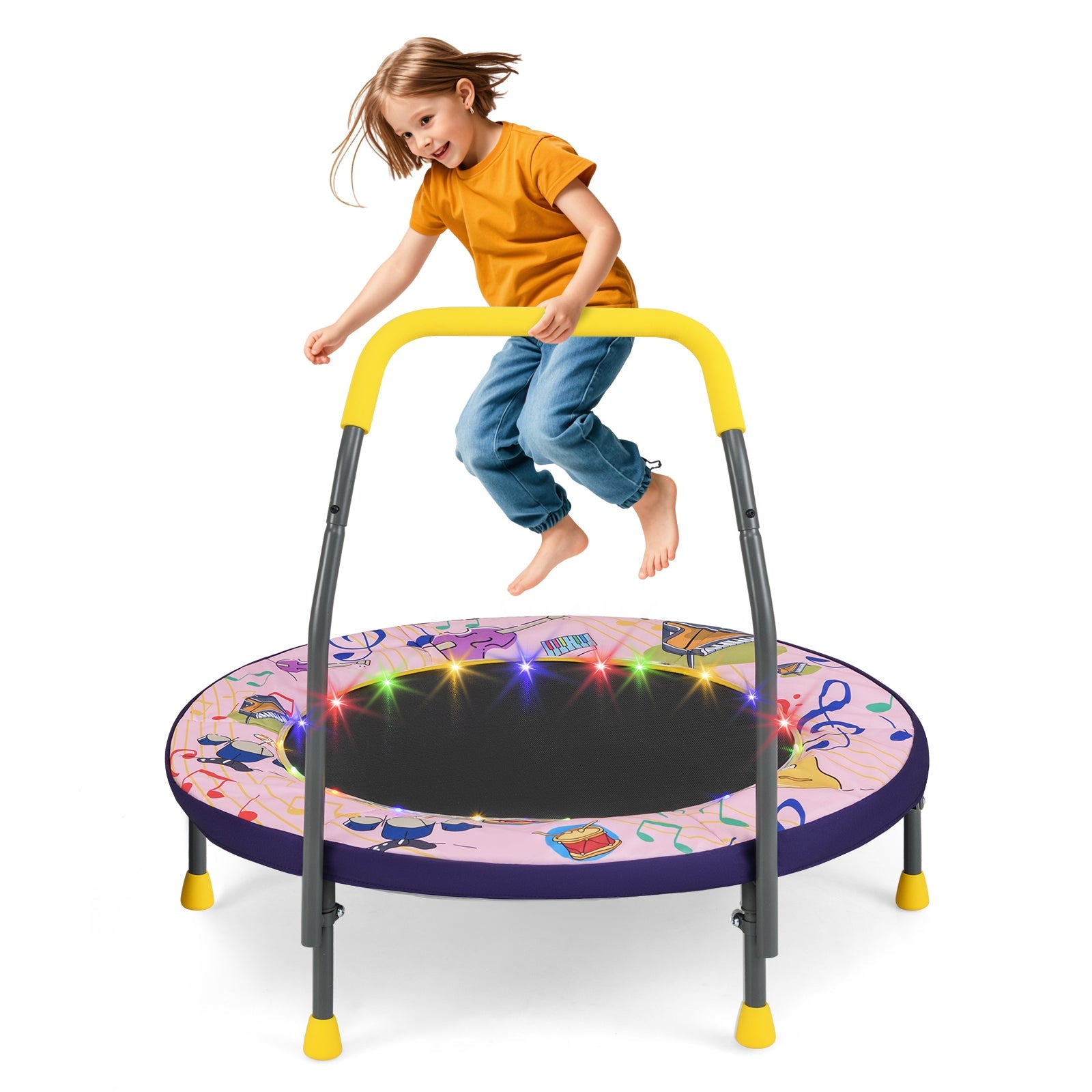 90 cm Folding  Mini Trampoline for Kids with Lights and Padded Safety Cover-Pink