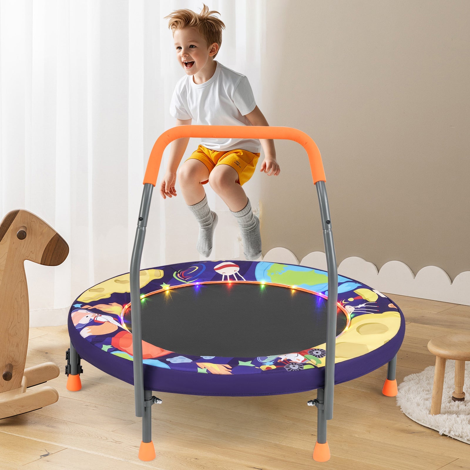 90 cm Folding  Mini Trampoline for Kids with Lights and Padded Safety Cover-Pink