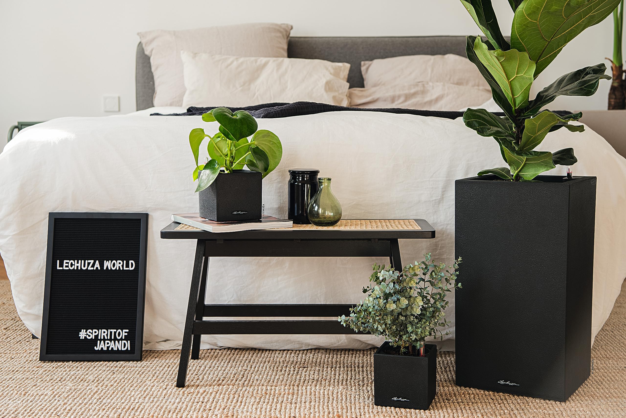 Lechuza Self Watering Plant Pot CANTO Stone 30 High Large Plastic Indoor and Outdoor Plant Pot with Drainage Hole H56 L30 W30 cm Graphite Black