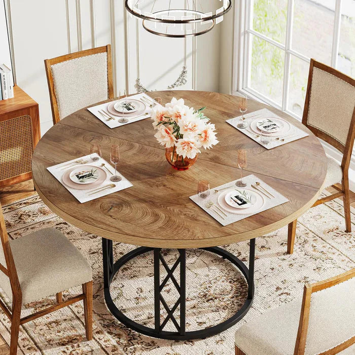 Industrial Round Dining Table - Rustic Wood Top with X-Frame Metal Pedestal