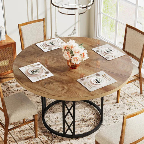 Industrial Round Dining Table - Rustic Wood Top with X-Frame Metal Pedestal
