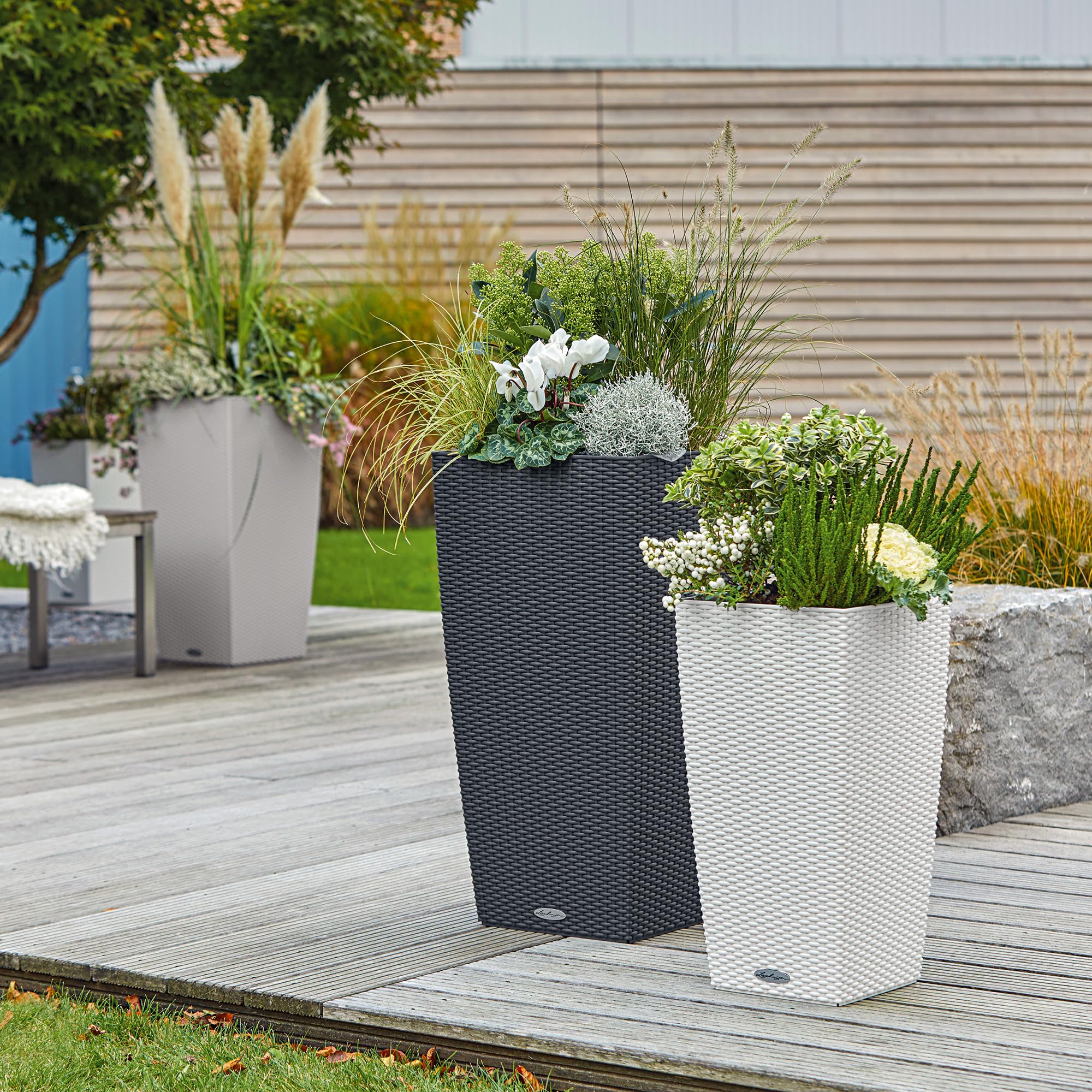Lechuza Self Watering Plant Pots CUBICO Cottage 40 Large Rattan Look Plastic Outdoor Indoor Planter with Drainage Hole H75 L40 W40 cm Granite