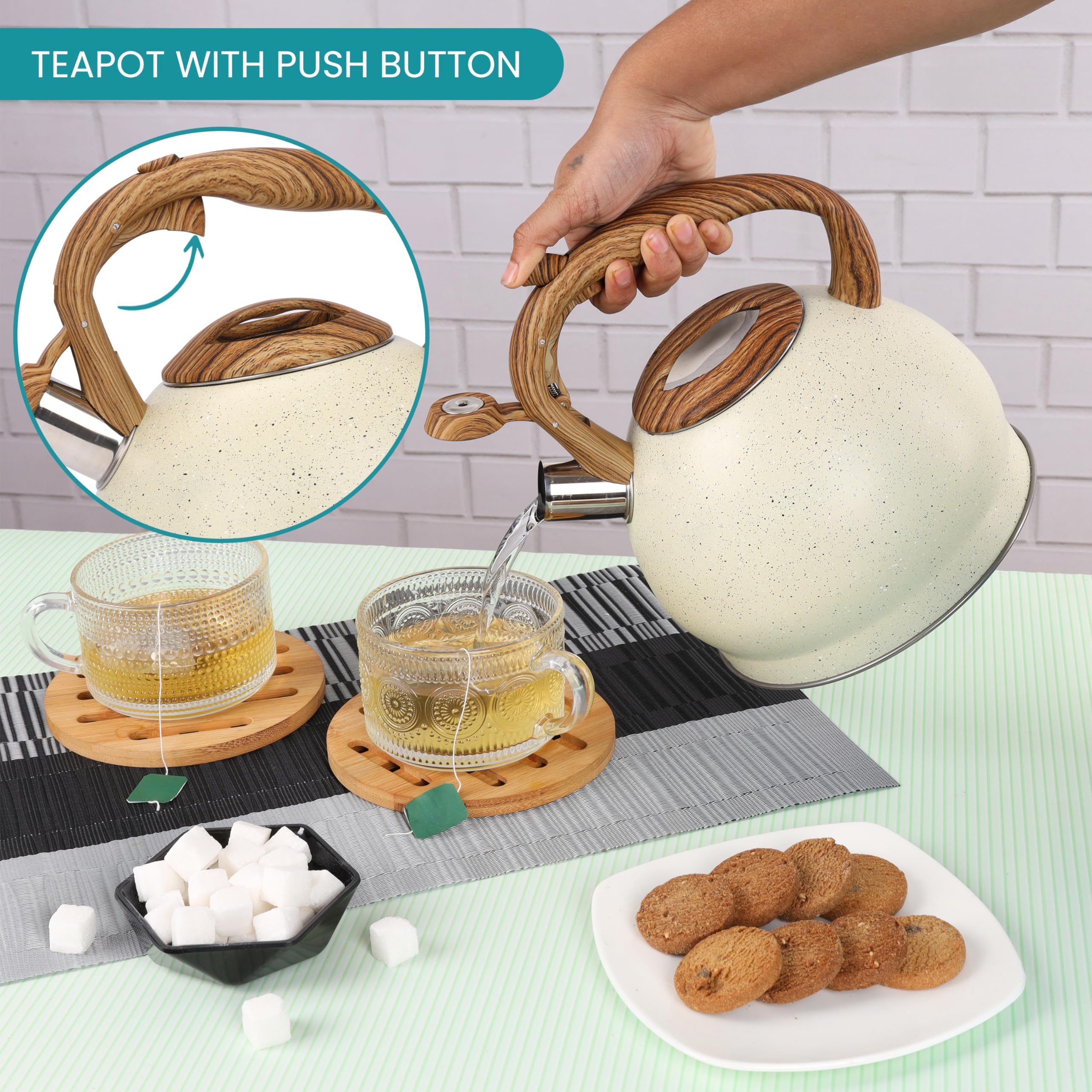 Belle Vous Beige Texture Whistling Tea Kettle - 3L Tea Pot for Stovetop/Induction Hob - Stainless Steel Hot Water Camping Kettle Teapot for Tea/Coffee