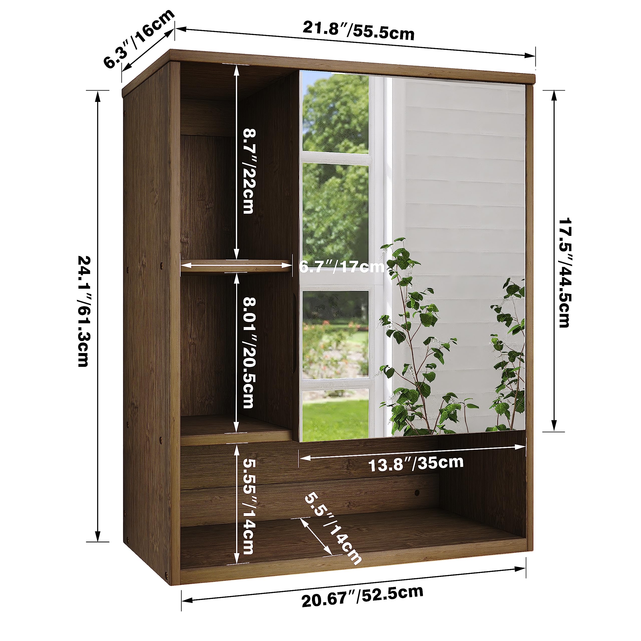 SMIBUY Bathroom Mirror Cabinet Wall Mounted, Bamboo Space Saver Medicine Cabinet, Wall Hanging Over Toilet Storage Cabinet with Mirror Door and
