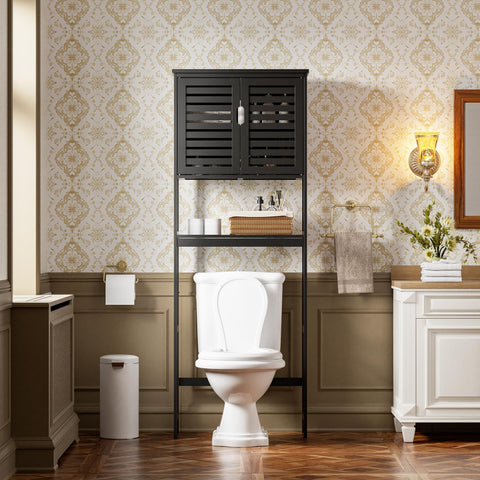 SMIBUY Bathroom Storage Shelf with Cabinet, Bamboo Over-The-Toilet Organizer Rack, Freestanding Toilet Space Saver with 3-Tier Adjustable Shelves
