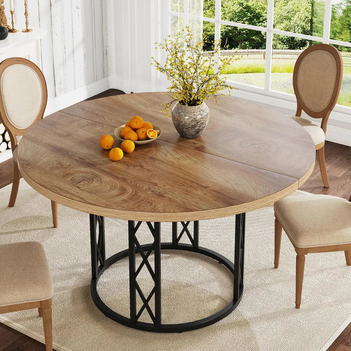 Industrial Round Dining Table - Rustic Wood Top with X-Frame Metal Pedestal