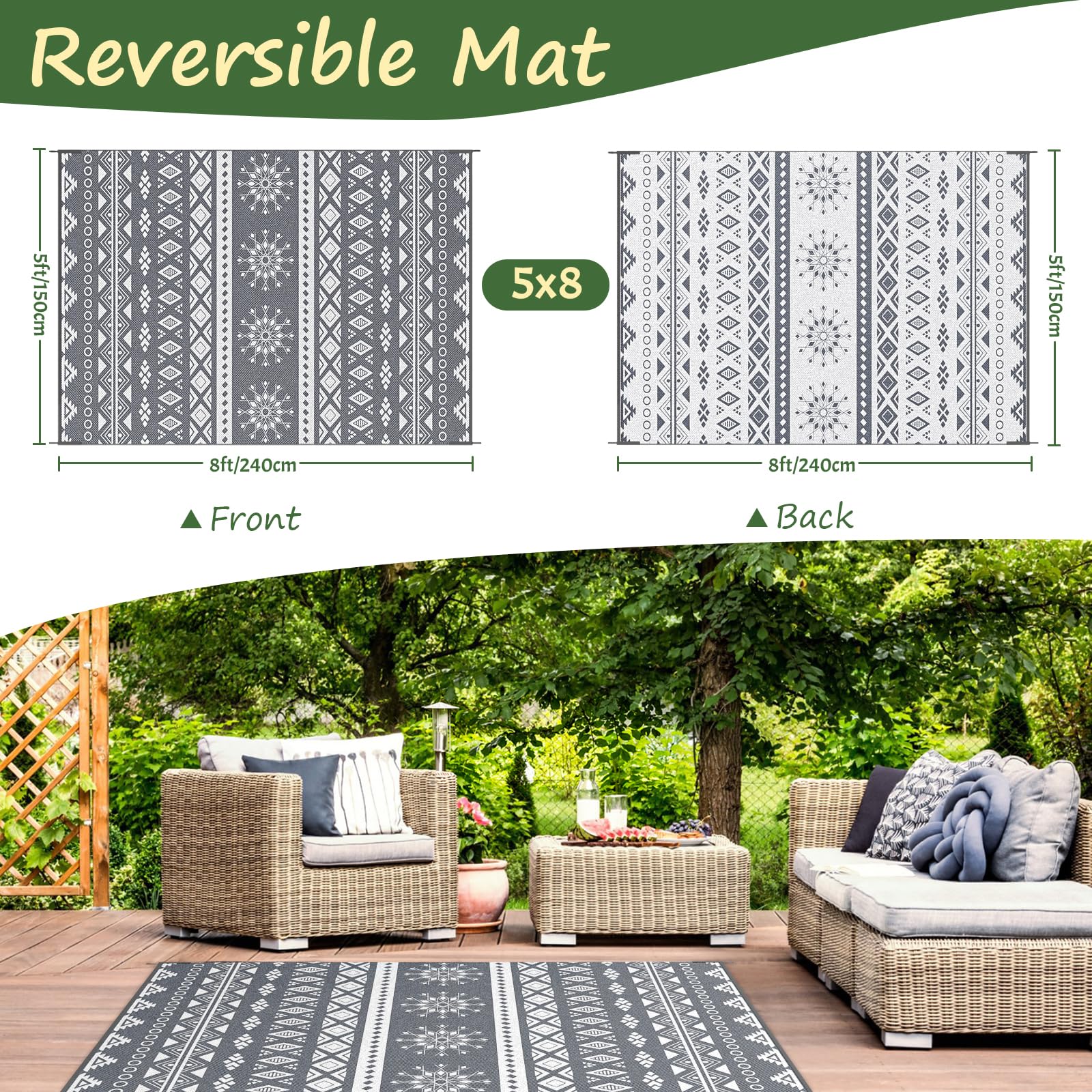 MOKANI Outdoor Rug for Patio Waterproof, Reversible Garden Rugs 150x240 cm, Large Plastic Carpet, Lightweight Foldable Boho Area Mats, UV Resistant