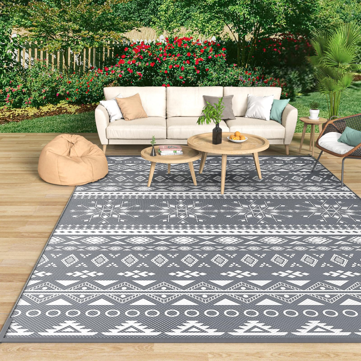 MOKANI Outdoor Rug for Patio Waterproof, Reversible Garden Rugs 150x240 cm, Large Plastic Carpet, Lightweight Foldable Boho Area Mats, UV Resistant