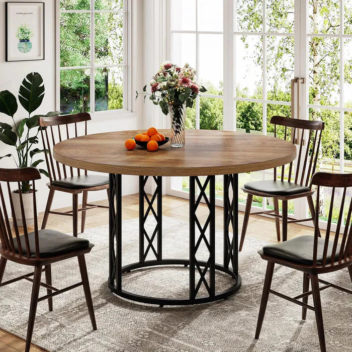 Industrial Round Dining Table - Rustic Wood Top with X-Frame Metal Pedestal