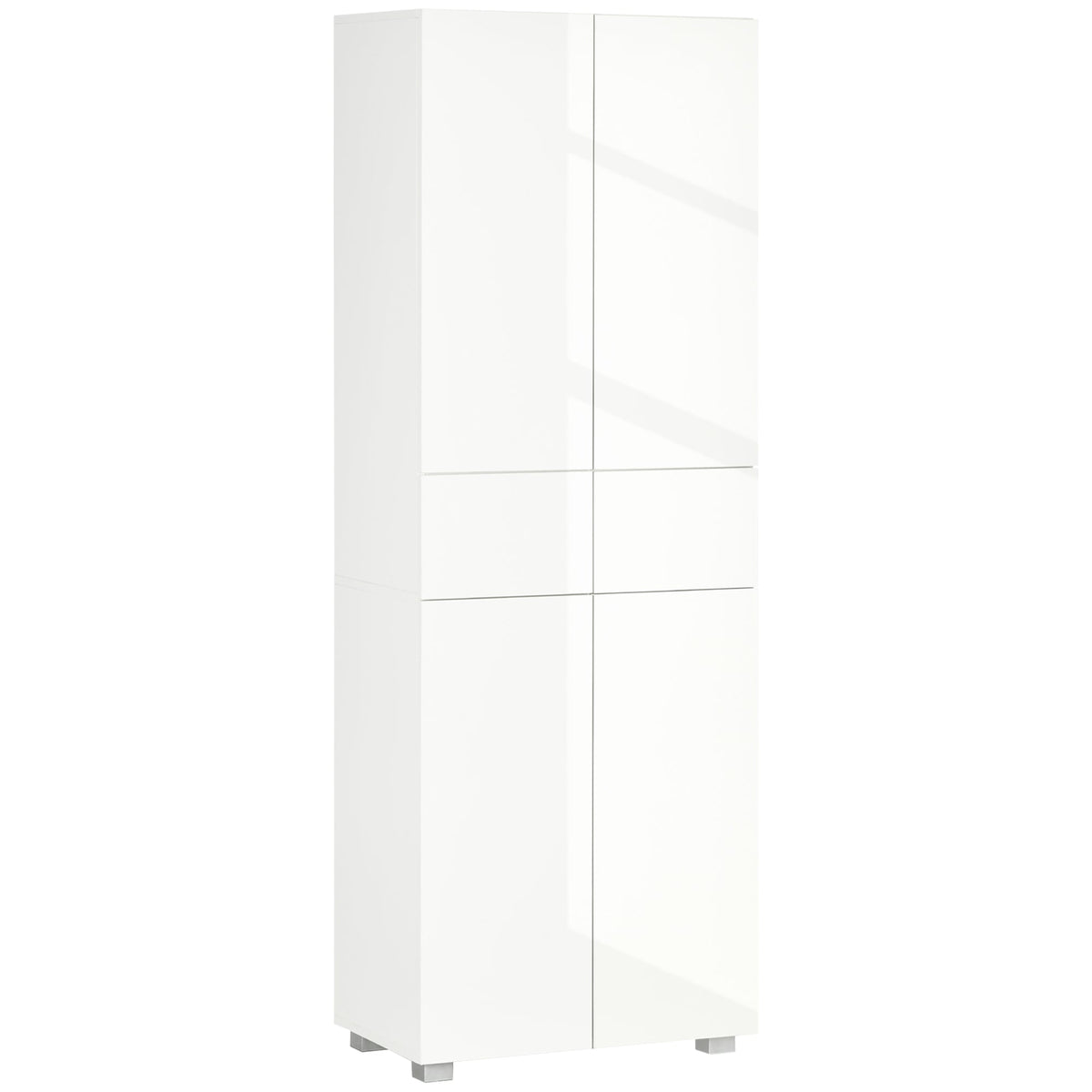 HOMCOM 4-Door Kitchen Cupboard, Freestanding 5-Tier Storage Cabinet with 3 Adjustable Shelves, 2 Drawers for Living Room, Dining Room, Push to Open Design, High Gloss White