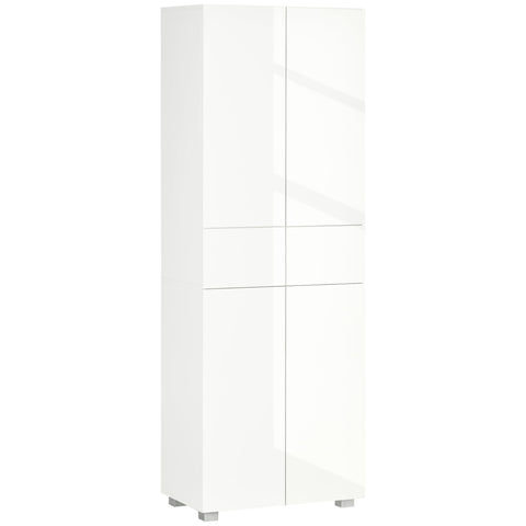 HOMCOM 4-Door Kitchen Cupboard, Freestanding 5-Tier Storage Cabinet with 3 Adjustable Shelves, 2 Drawers for Living Room, Dining Room, Push to Open Design, High Gloss White