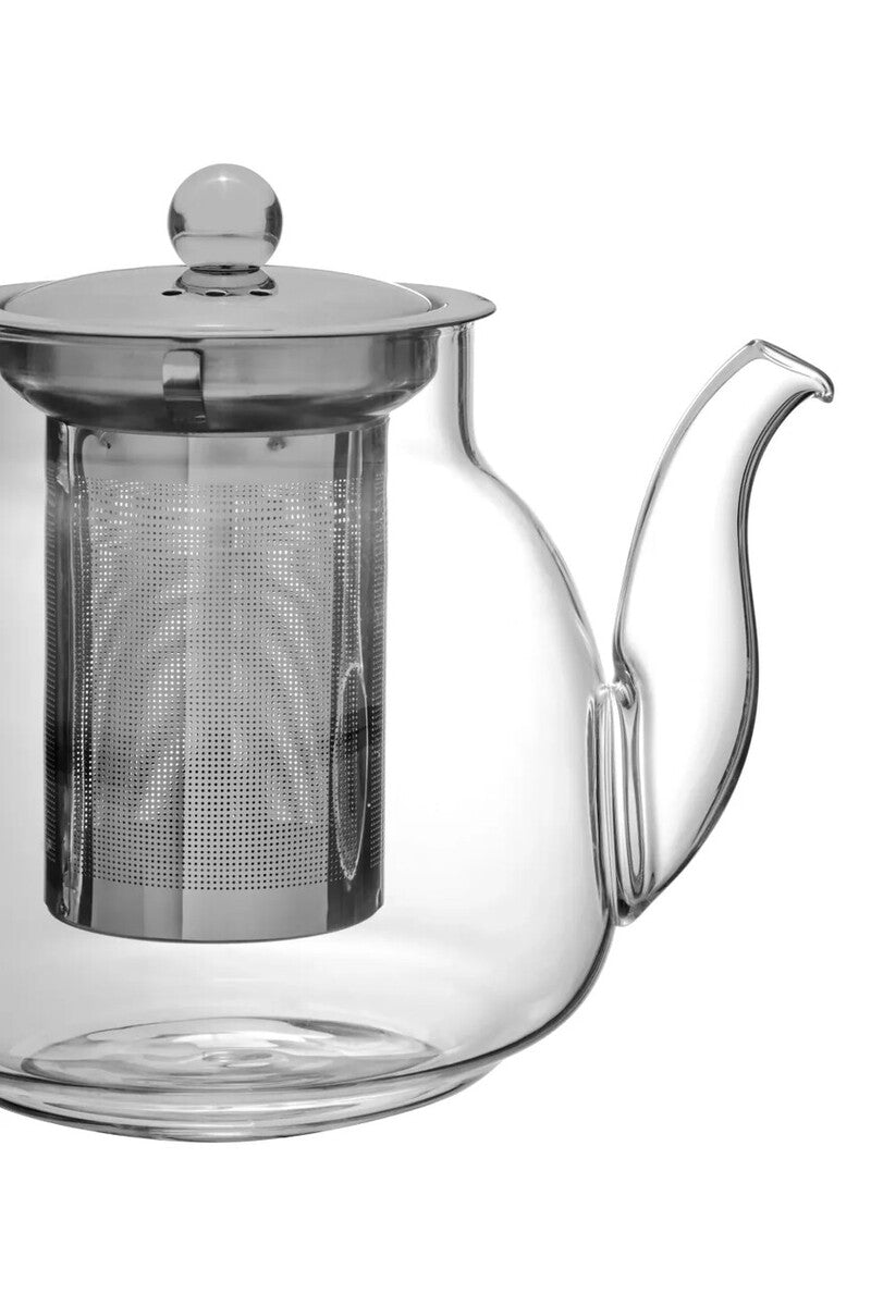 Clear glass borosilicate 800ml teapot with stainless steel lid and built-in filter ideal for tea brewing