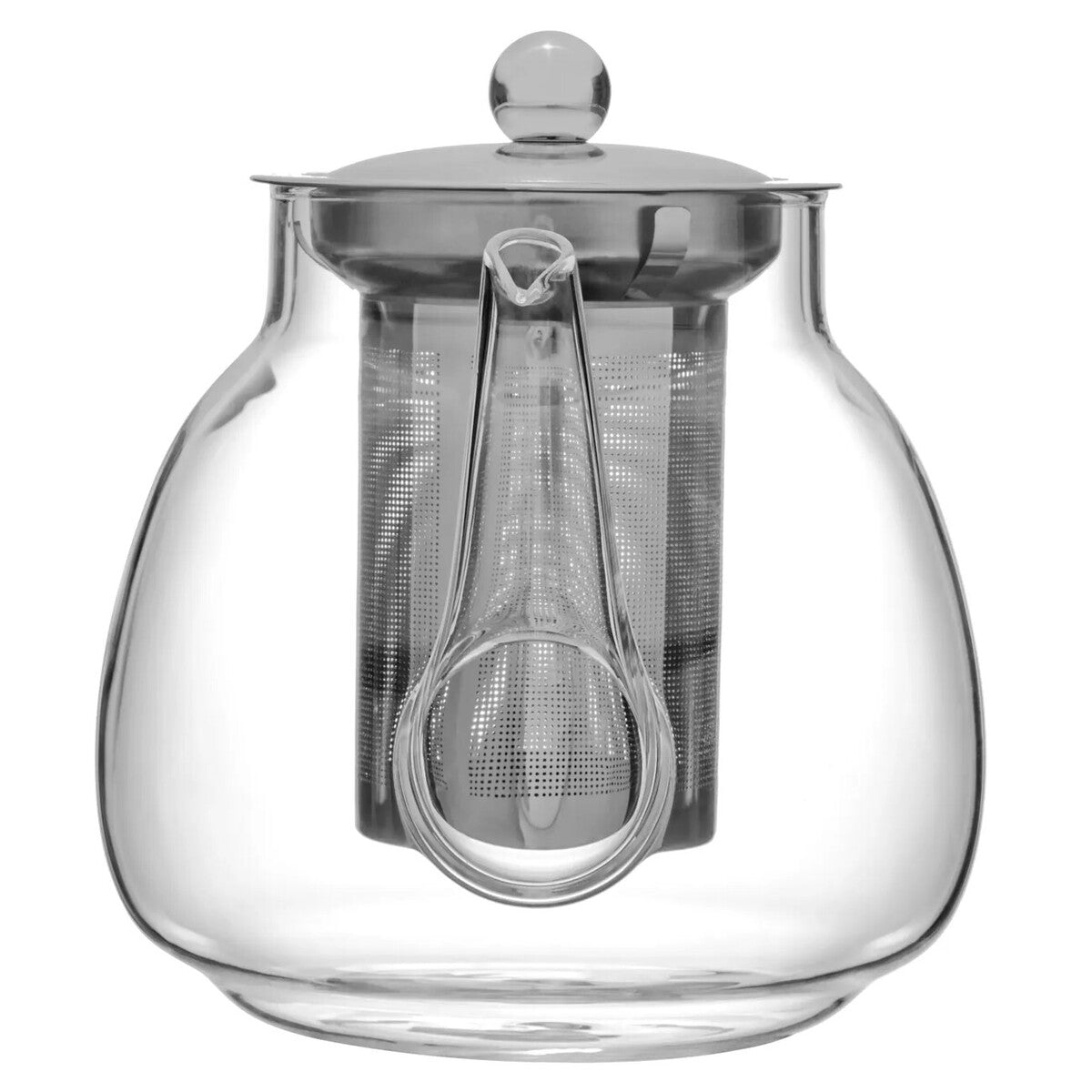Clear glass borosilicate 950ml teapot with stainless steel lid handle and metal mesh infuser perfect for brewing tea