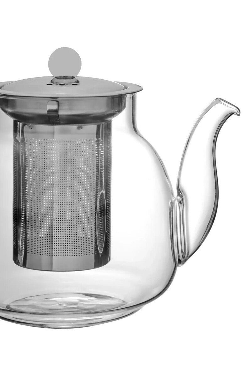 Clear glass 950ml borosilicate teapot with stainless steel lid and built-in filter perfect for brewing tea