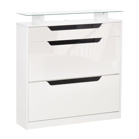 HOMCOM Shoe Storage Cabinet, Shoe Cupboard with Slide Out Drawer, 2 Flip Doors, Tempered Glass Top and Adjustable Shelves for 16 Pairs of Shoes, White