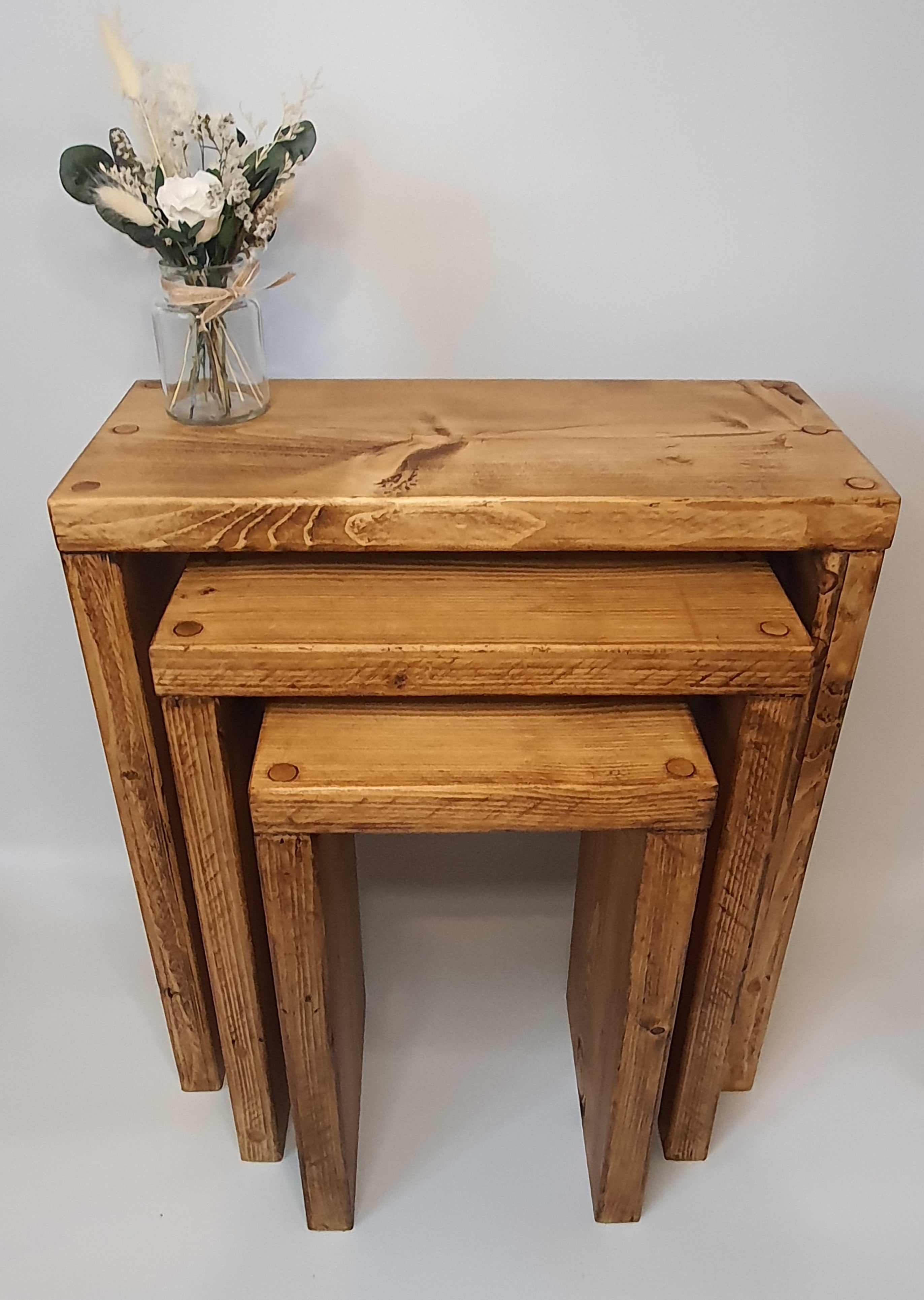 Set of 3 Solid Wood Rustic Nest Of Tables with Timber Legs