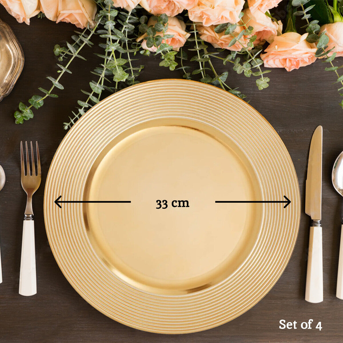 Set of Four 33cm Dia Gold Charger Plates with Ribbed Rims