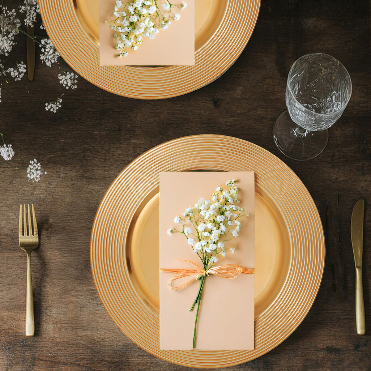 Set of Four 33cm Dia Gold Charger Plates with Ribbed Rims