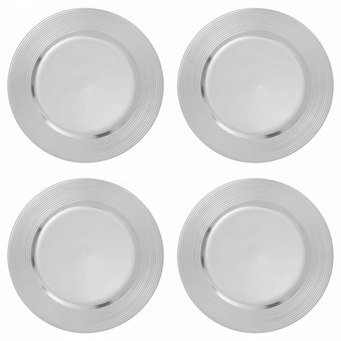 Set of Four 33cm Dia Silver Charger Plates with Ribbed Rims