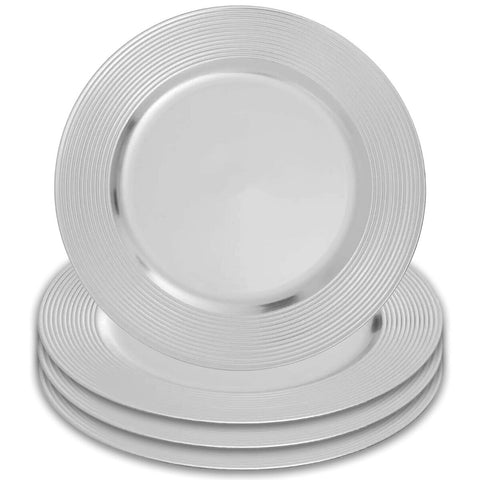 Set of Four 33cm Dia Silver Charger Plates with Ribbed Rims