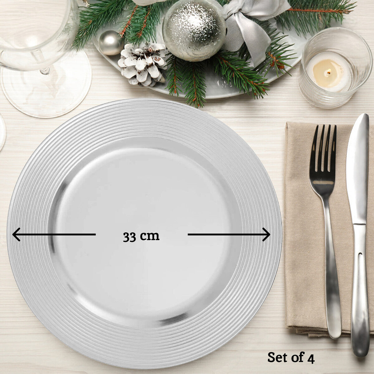 Set of Four 33cm Dia Silver Charger Plates with Ribbed Rims