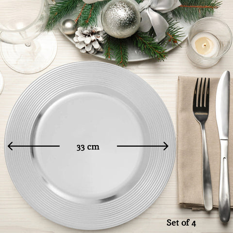 Set of Four 33cm Dia Silver Charger Plates with Ribbed Rims