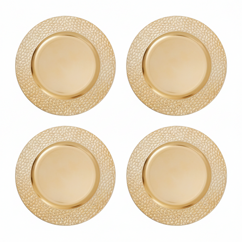 Set of Four 33cm Dia Gold Charger Plates with Hammered Rims