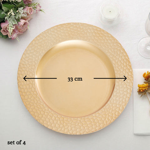 Set of Four 33cm Dia Gold Charger Plates with Hammered Rims