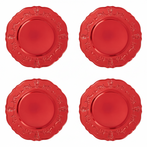 Set of Four 33cm Dia Red Finish Baroque Charger Plates