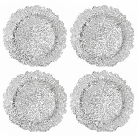 Set of Four 33cm Dia Silver Finish Reef Charger Plates