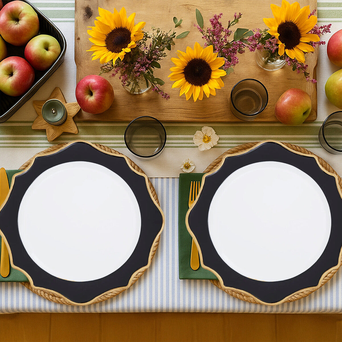 Set of 4 33cm Dia White and Black Round Charger Plates