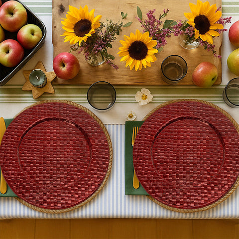 Set of Four 33cm Dia Pandanus Red Charger Plates