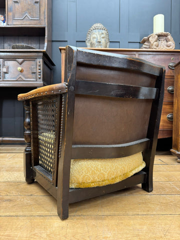 Antique Leather Cane Child’s Chair – Woven Seat Vintage Wooden Armchair