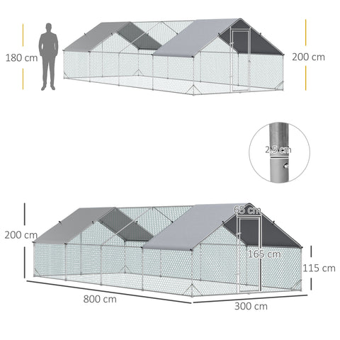 PawHut Chicken Run Galvanised Walk-in Chicken Coop Hen Poultry House Cage Rabbit Hutch with Water-Resist Cover, 3 x 8 x 2m