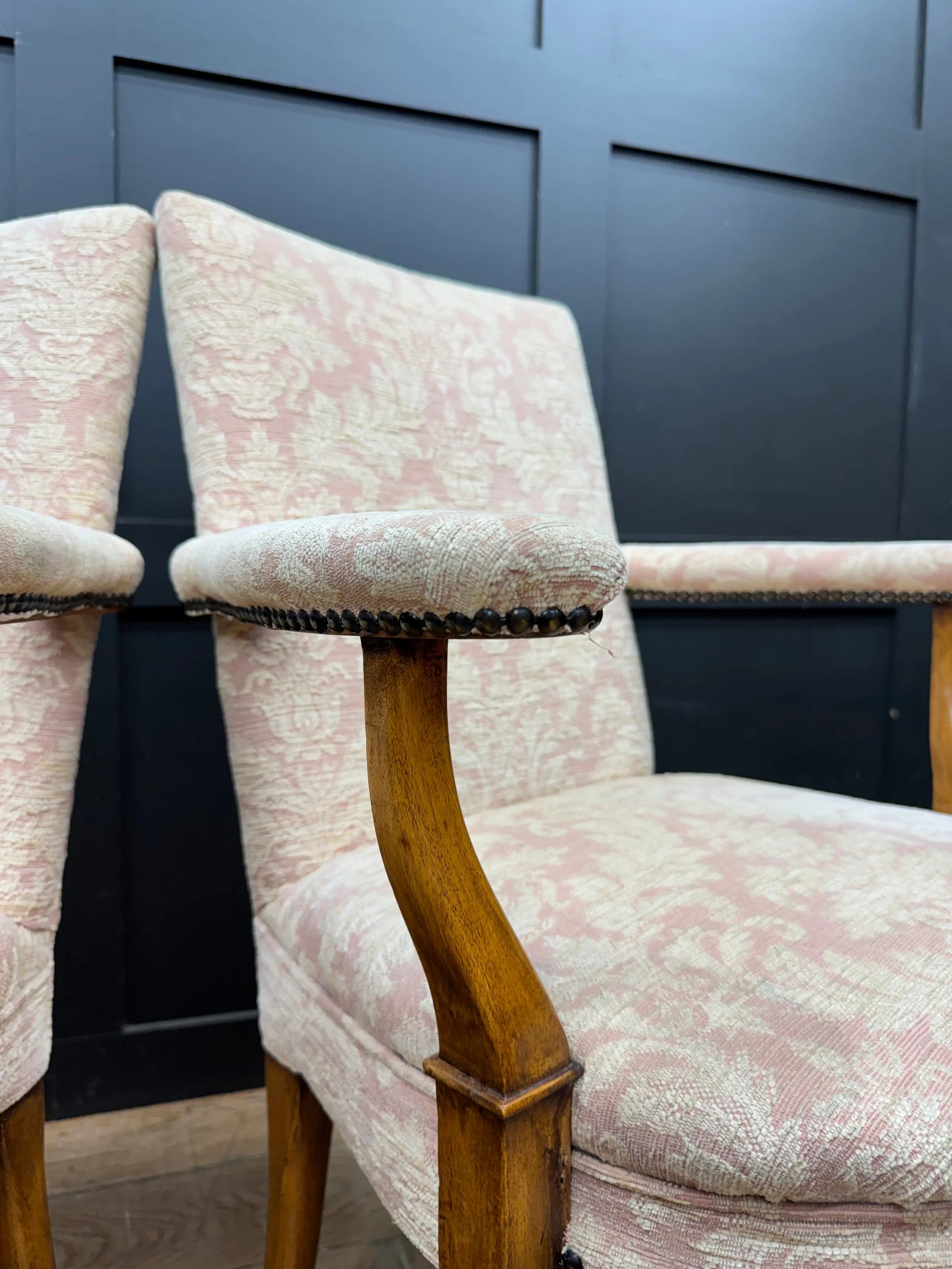 Pair Antique Pink Upholstered Bedroom Armchairs Chairs Mahogany Salon Seats